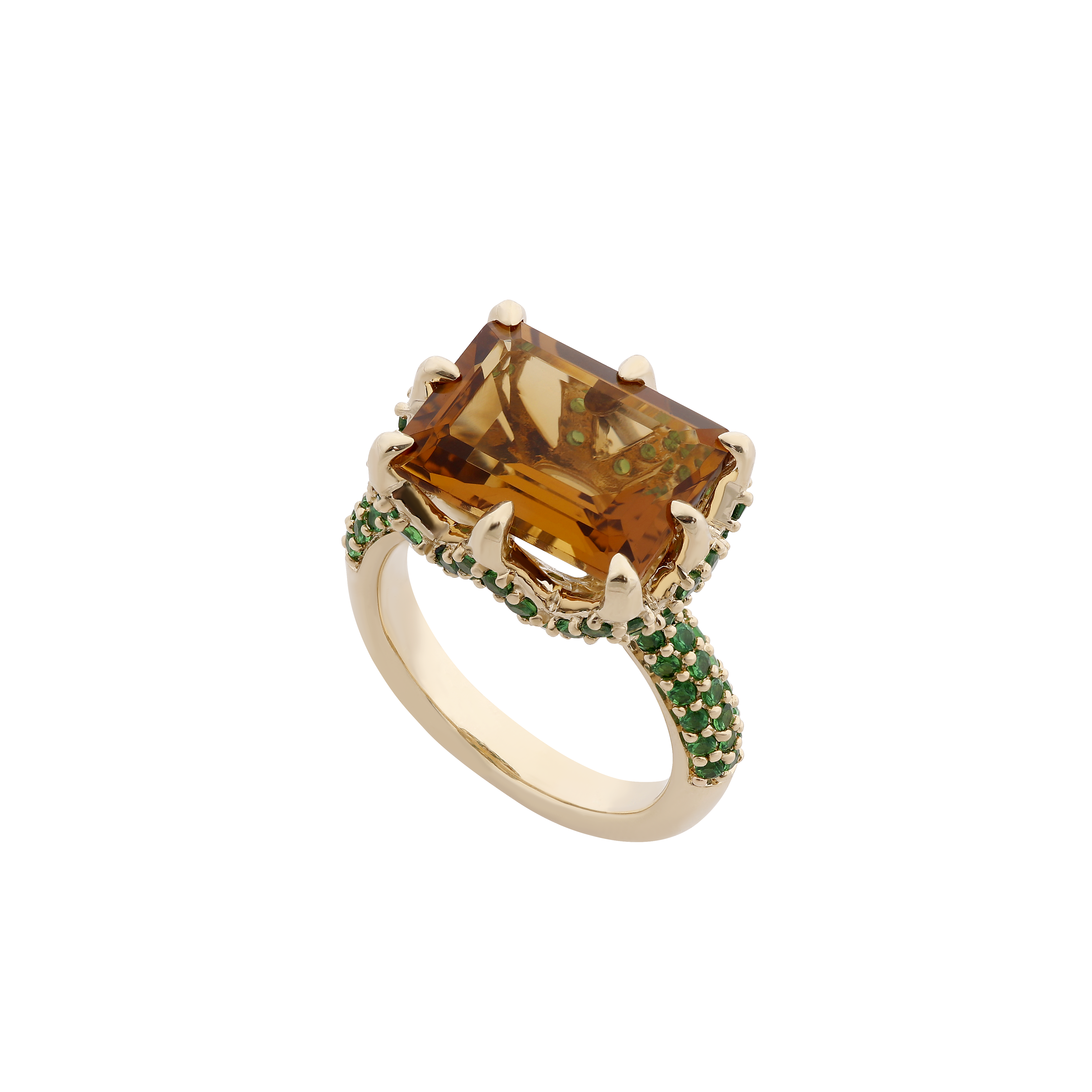 9ct Yellow Gold Claw-Set Whiskey Quartz and Pavé-Set Tsavorite Cocktail Ring