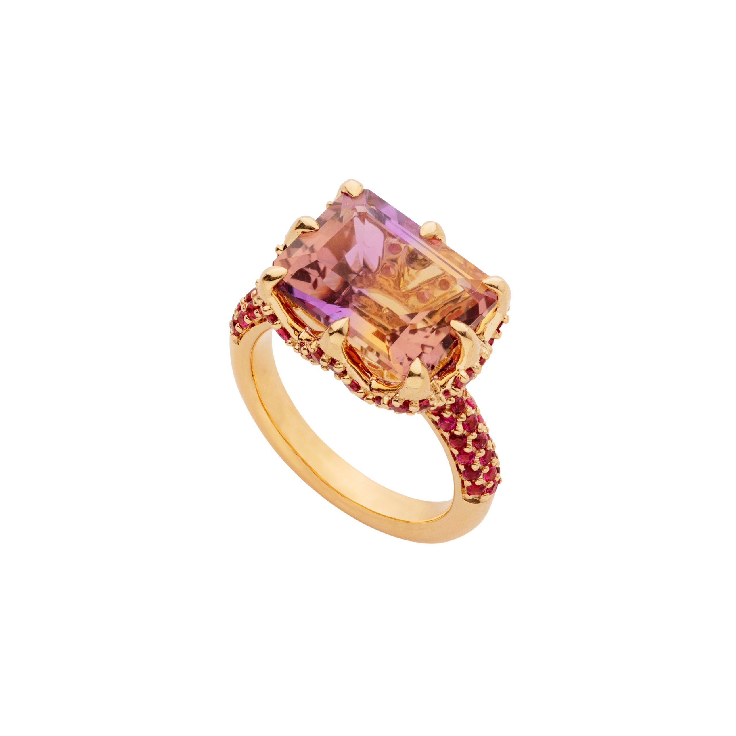 9ct Yellow Gold Claw-Set Ametrine and Pavé-Set Pink Tourmaline Ring