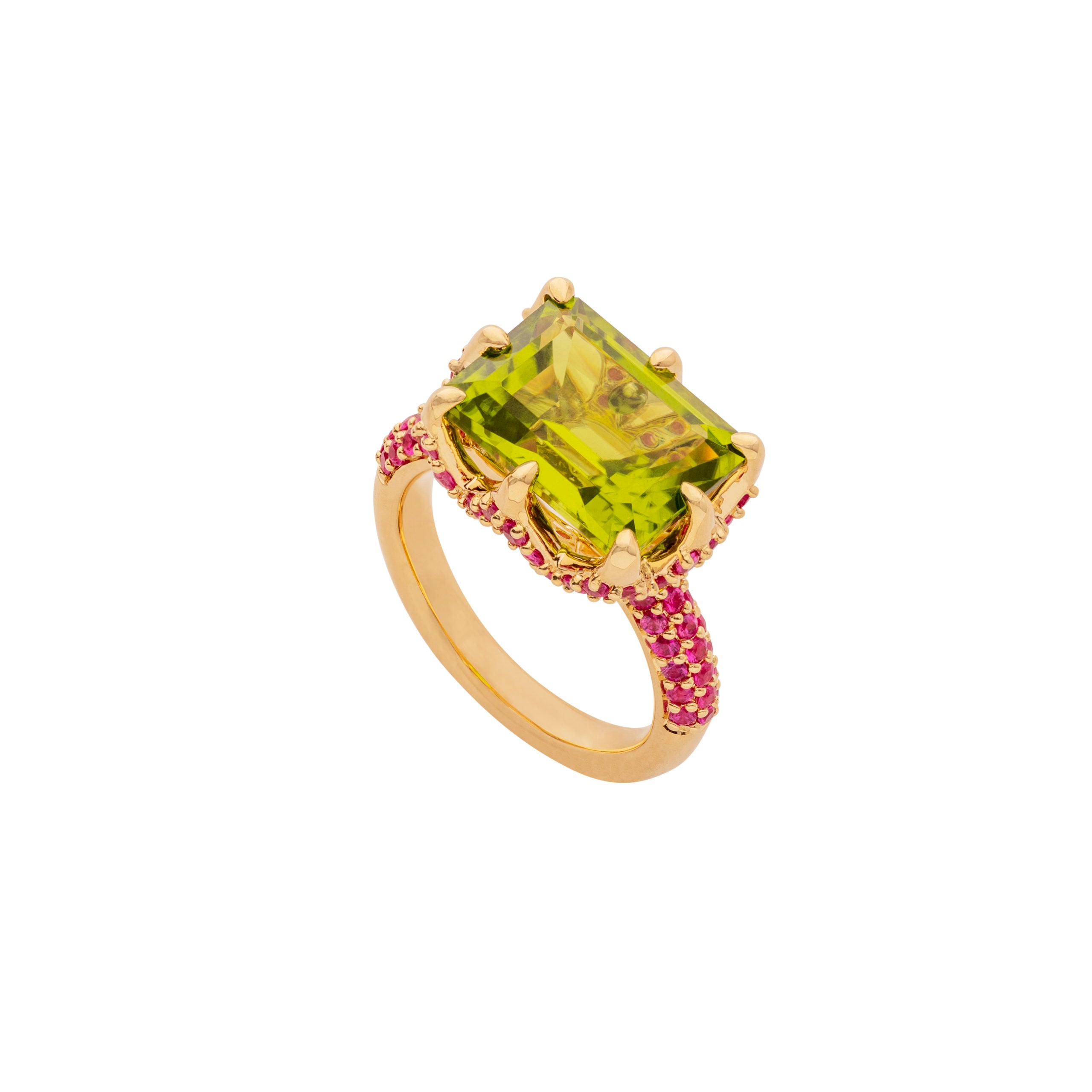 9ct Yellow Gold Claw-Set Peridot and Pavé-Set Ruby Cocktail Ring