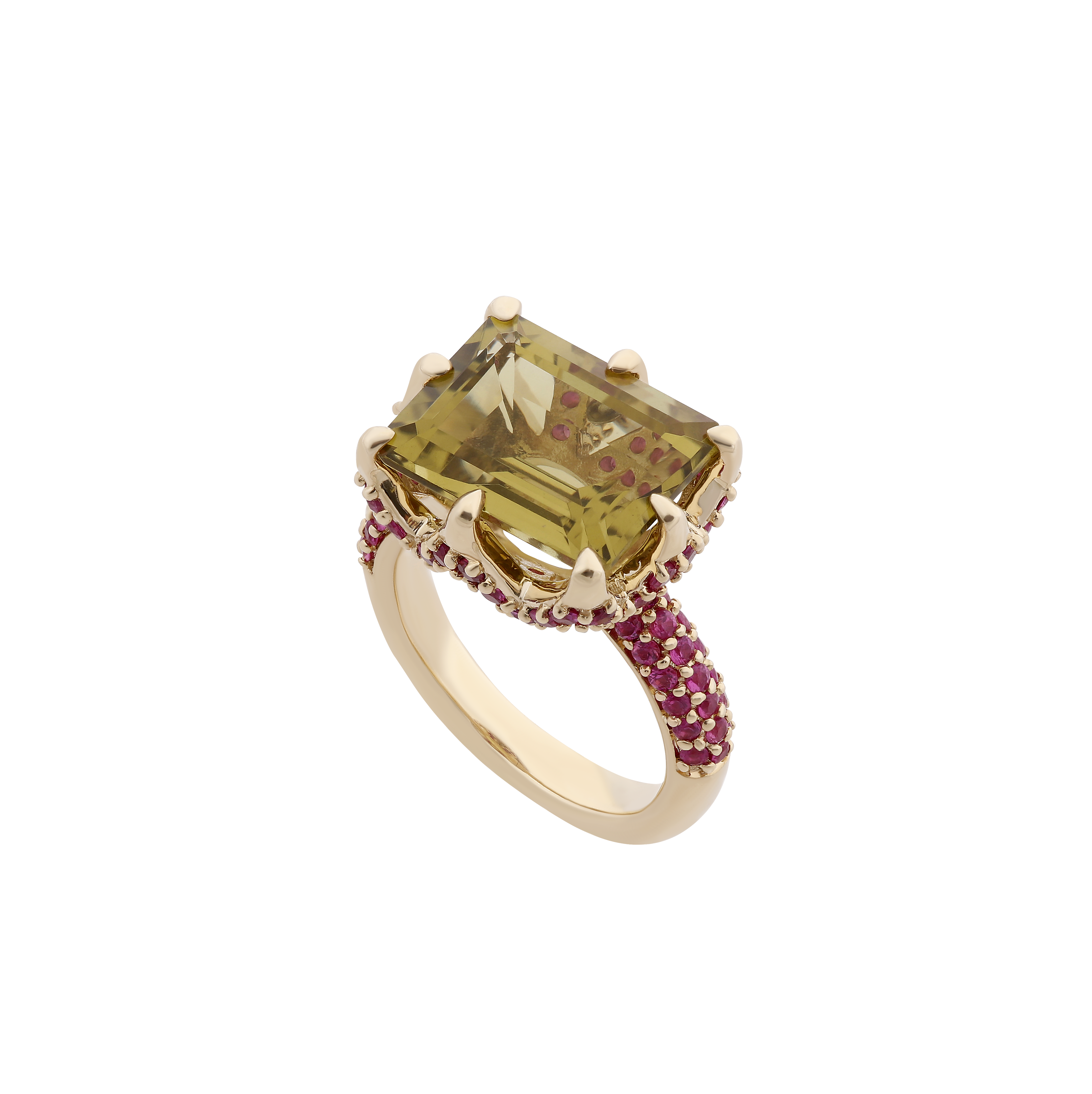 9ct Yellow Gold Claw-Set Olive Quartz and Pavé-Set Ruby Cocktail Ring