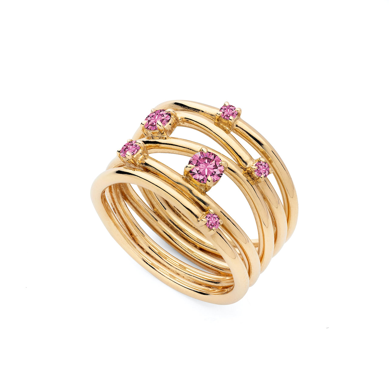 9ct Yellow Gold Wide Band Wire Ring With Scattered Pink Tourmaline