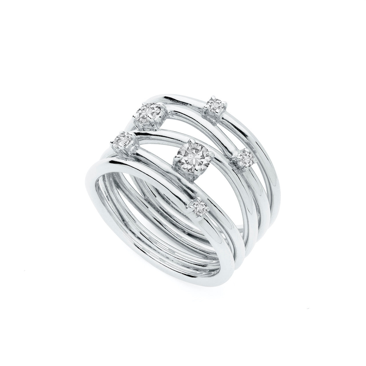 9ct White Gold Wide Band Wire Ring With Scattered Diamonds
