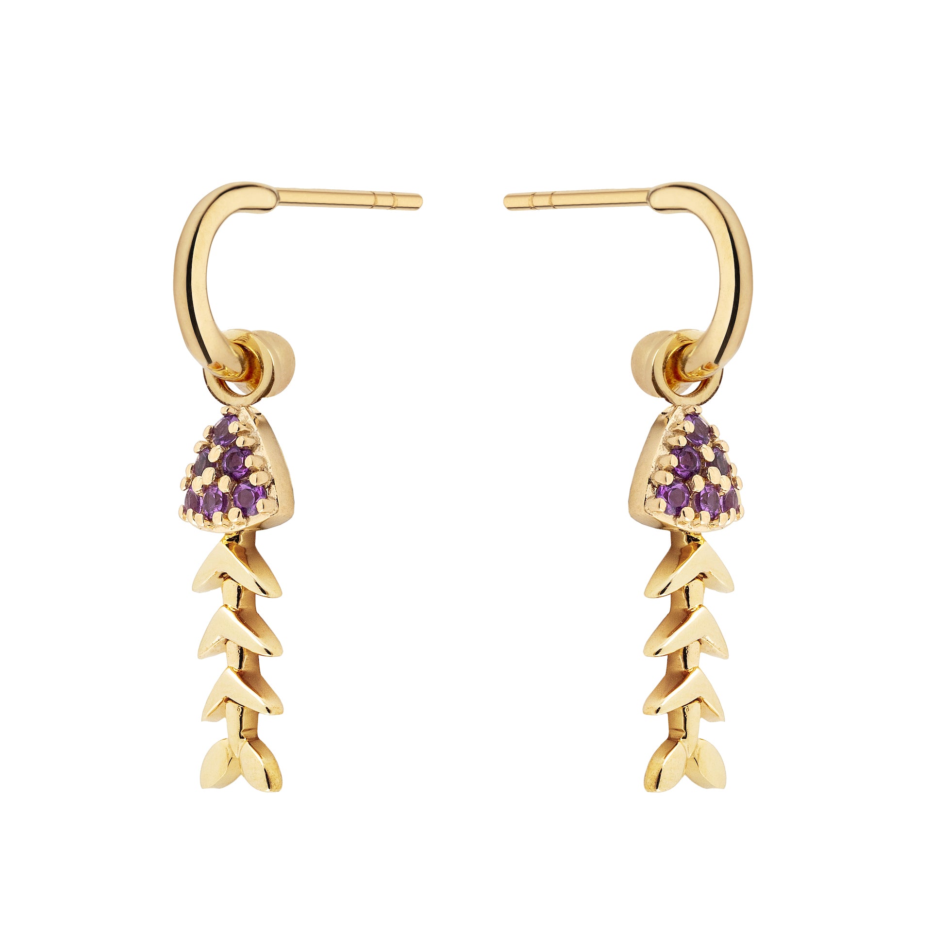 9ct Yellow Gold Fishbone Charms with Pavé-Set Amethyst Head