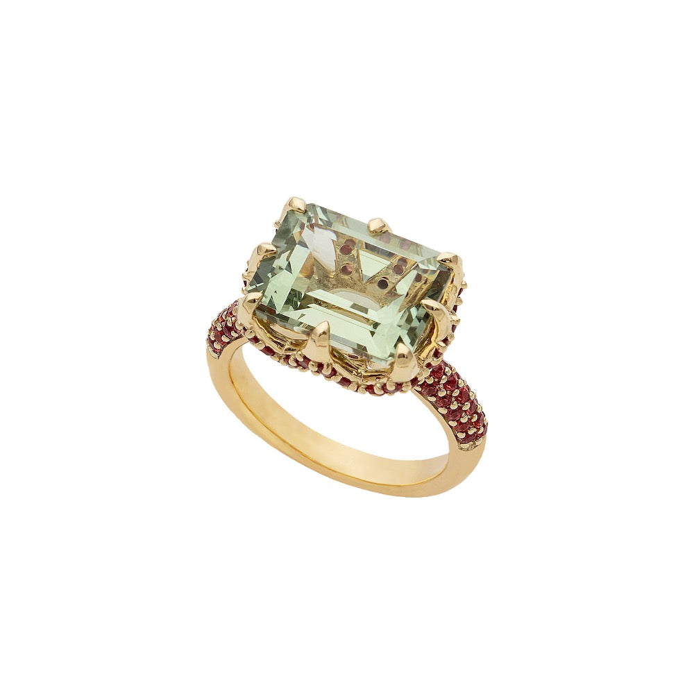 9ct Yellow Gold Claw-Set Green Quartz and Pavé-Set Red Sapphire Cocktail Ring