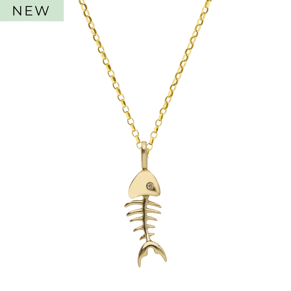 9ct Yellow Gold and Diamond Fishbone Necklace