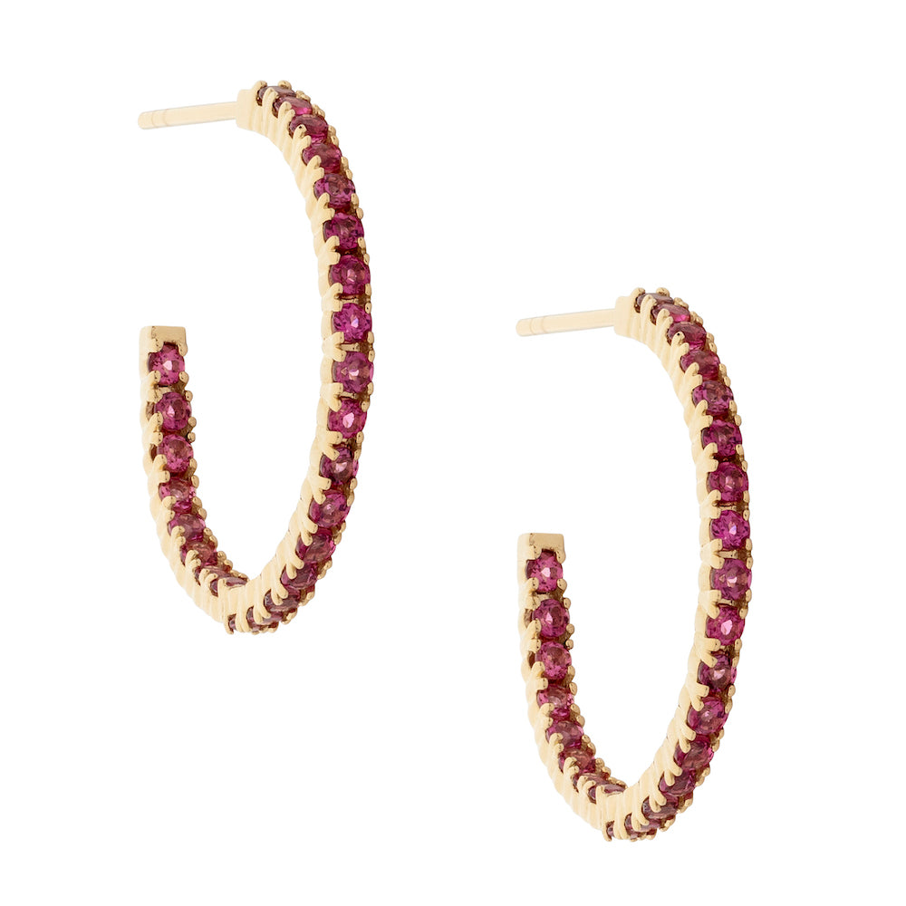 9ct Yellow Gold Three-Quarter Hoops with Pavé-Set Pink Tourmaline 20mm