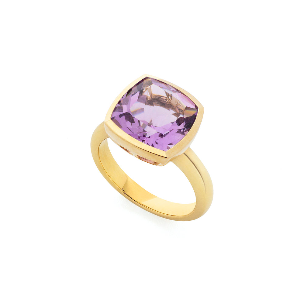 9ct Yellow Gold Rub-Over Set Single-Stone Pink Amethyst Ring