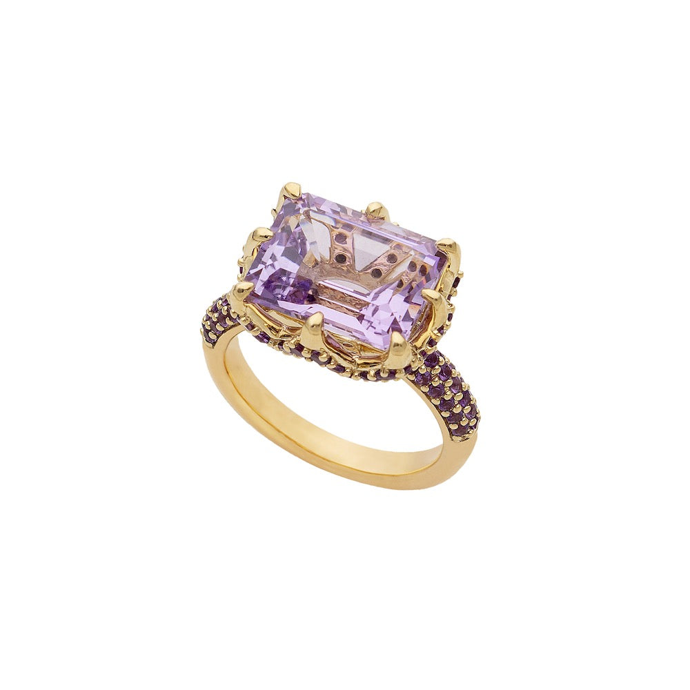 9ct Yellow Gold Claw-Set Pink Amethyst and Pavé-Set Pink Amethyst Cocktail Ring