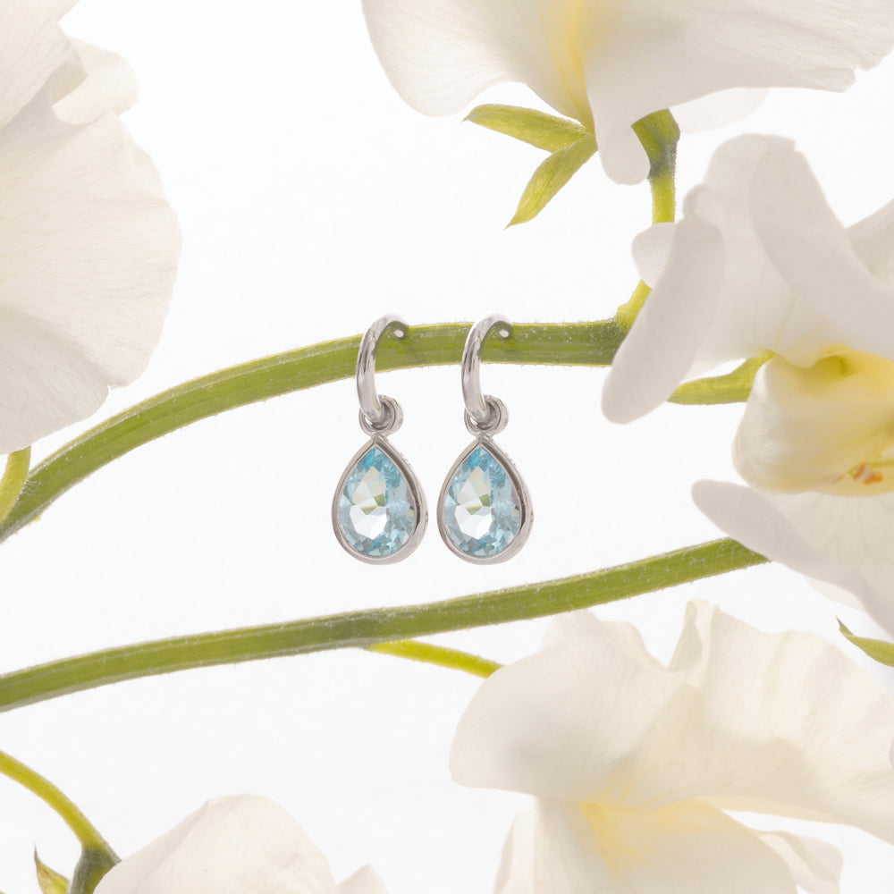 9ct White Gold Hoop Earrings with Detachable Blue Topaz Pear Drops