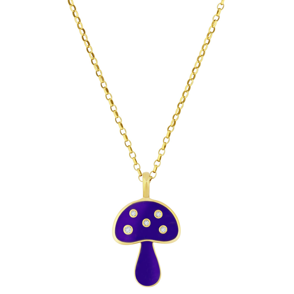 9ct Yellow Gold Mushroom Charm Pendant with Purple Enamel and Diamonds