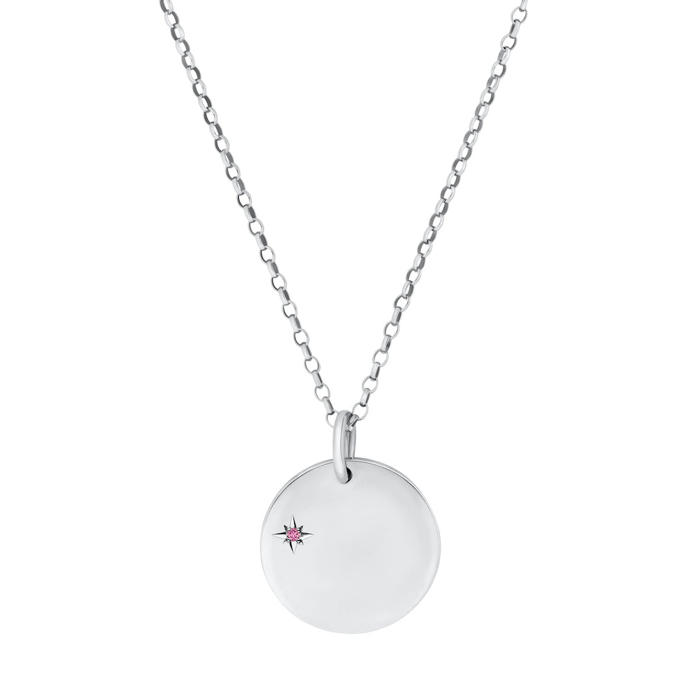 9ct White Gold Disc Pendant with Birthstone Star