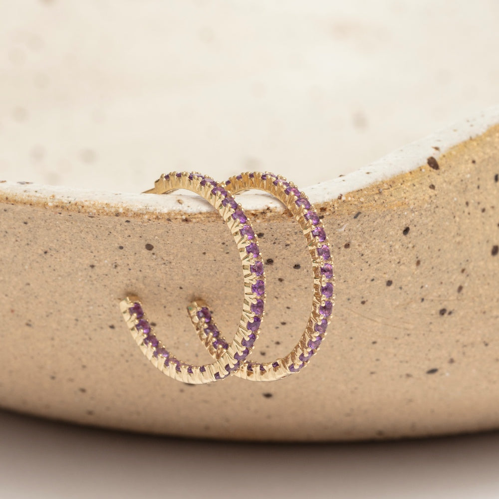 9ct Yellow Gold Three-Quarter Hoops with Pavé-Set Amethyst 20mm