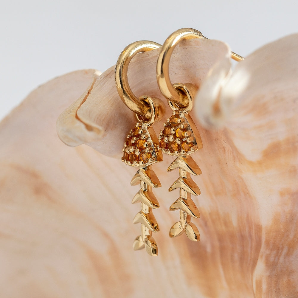 9ct Yellow Gold Fishbone Charms with Pavé-Set Citrine Head