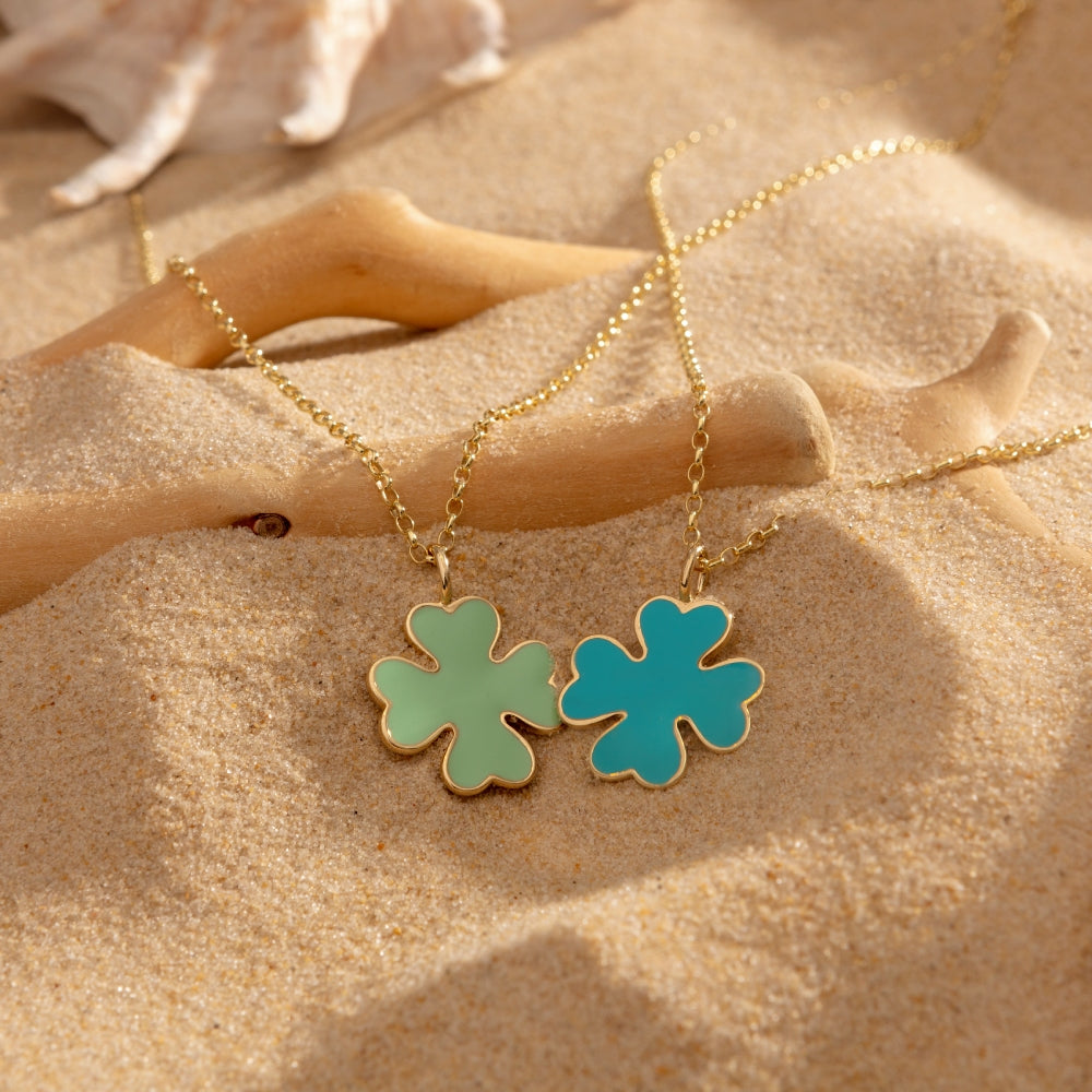 9ct Yellow Gold Mint Green Enamelled Clover Pendant