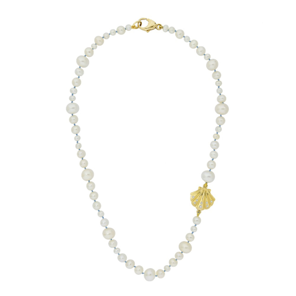 9ct Yellow Gold Necklace with Baroque Pearls and Gold and Diamond Shell