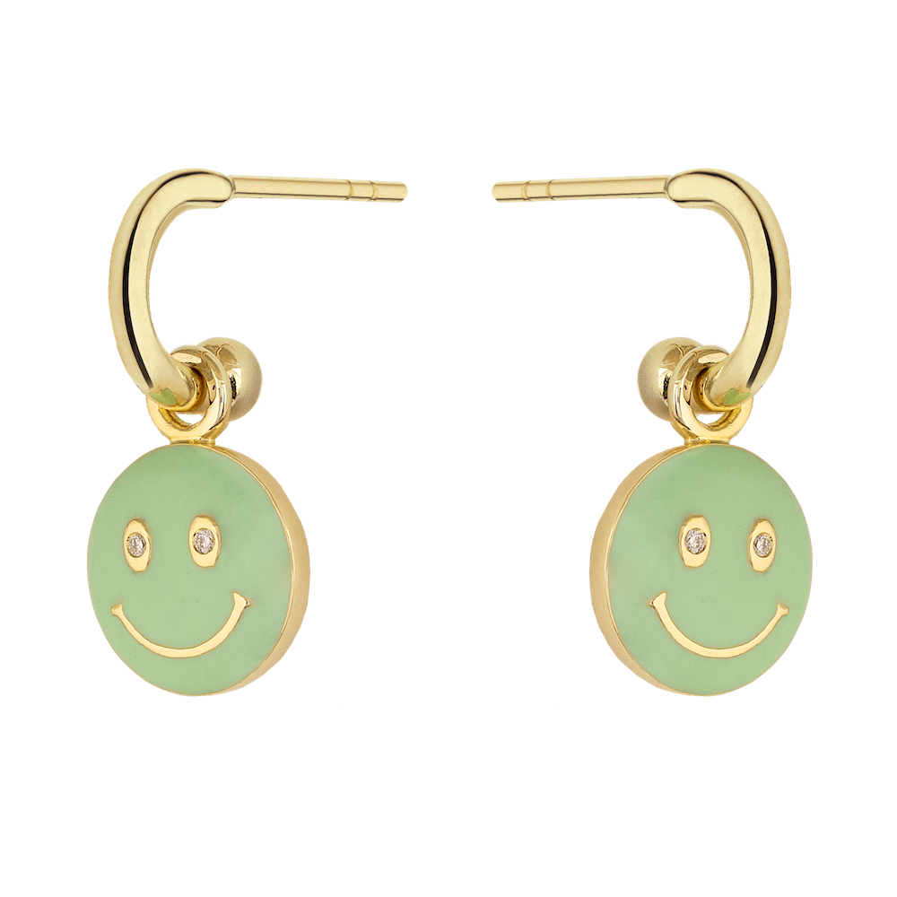 9ct Yellow Gold Earrings with Mint Green Enamel and Diamond Smiley Drops