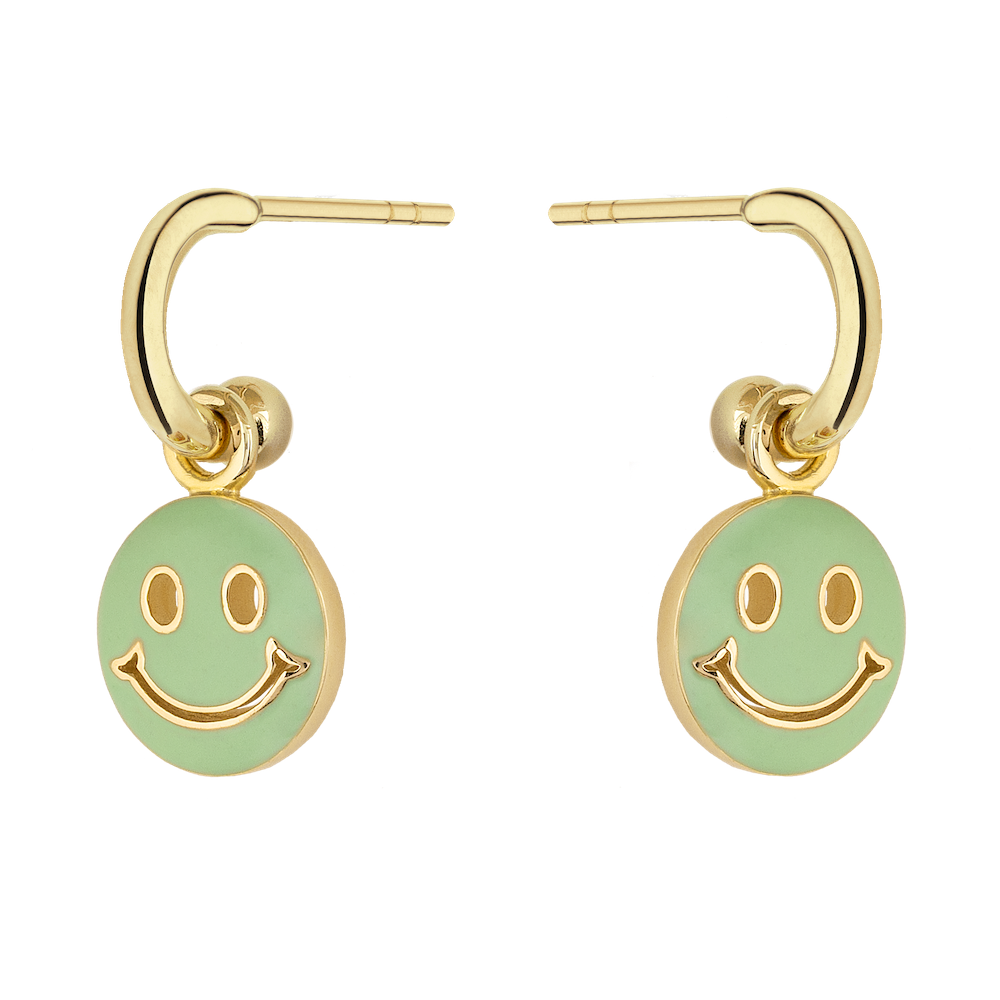9ct Yellow Gold Earrings with Reversible Mint Green Enamel Cutout Smiley Drops