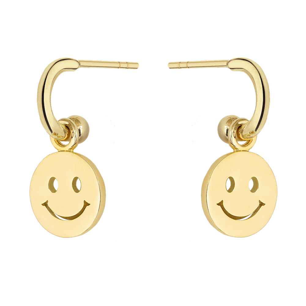 9ct Yellow Gold Earrings with Reversible Mint Green Enamel Cutout Smiley Drops