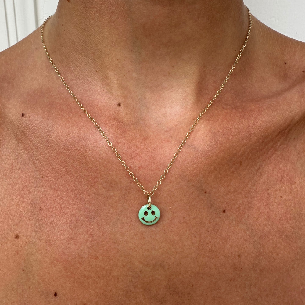 9ct Yellow Gold Reversible Cutout Smiley Necklace with Mint Green Enamel