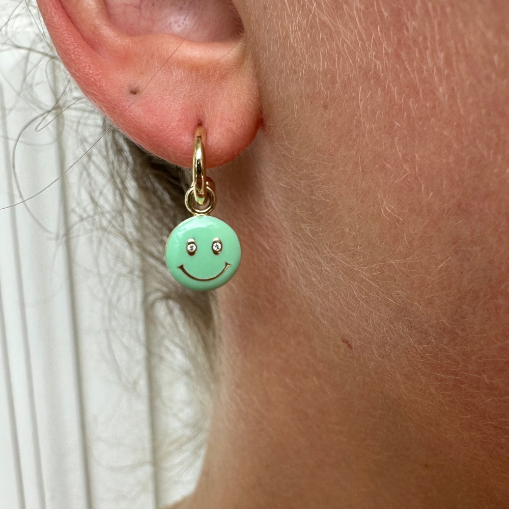 9ct Yellow Gold Earrings with Mint Green Enamel and Diamond Smiley Drops