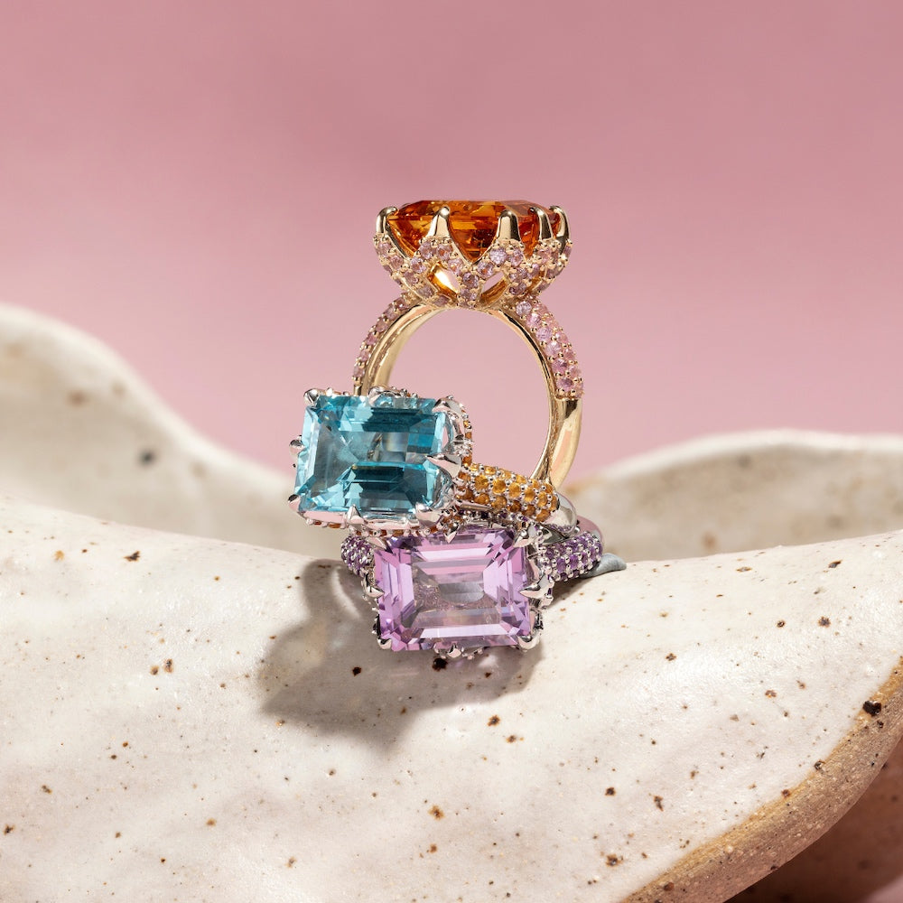 9ct Yellow Gold Claw-Set Citrine and Pavé-Set Pink Sapphire Cocktail Ring