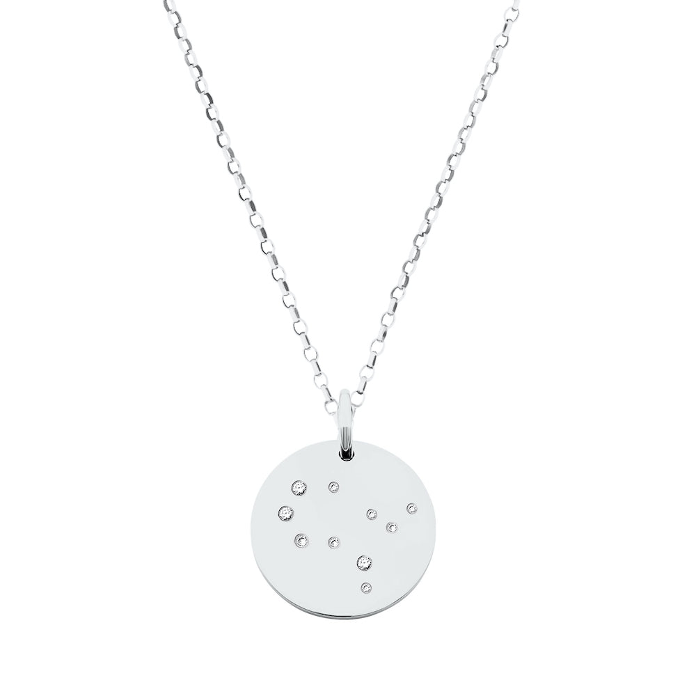 9ct White Gold Disc Zodiac Pendant with Diamond-Set Constellation