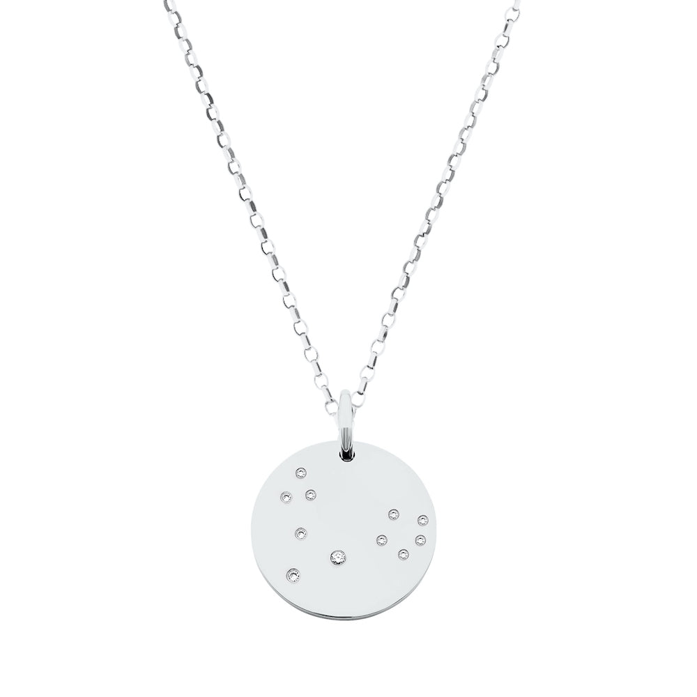 9ct White Gold Disc Zodiac Pendant with Diamond-Set Constellation