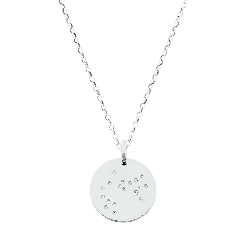 9ct White Gold Disc Zodiac Pendant with Diamond-Set Constellation