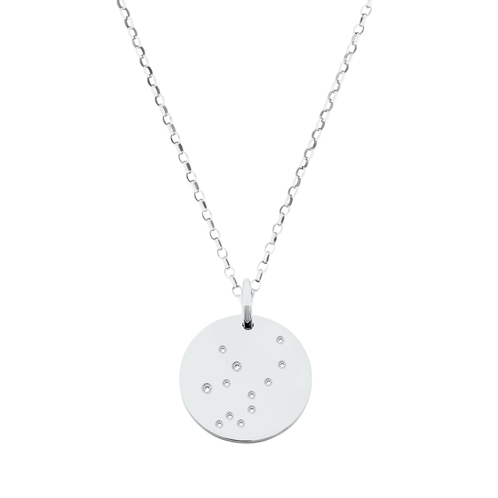 9ct White Gold Disc Zodiac Pendant with Diamond-Set Constellation