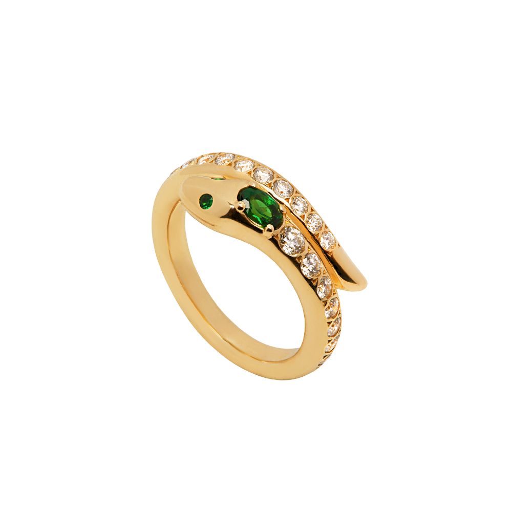 9ct Yellow Gold Snake Ring with Diamond and Tsavorite