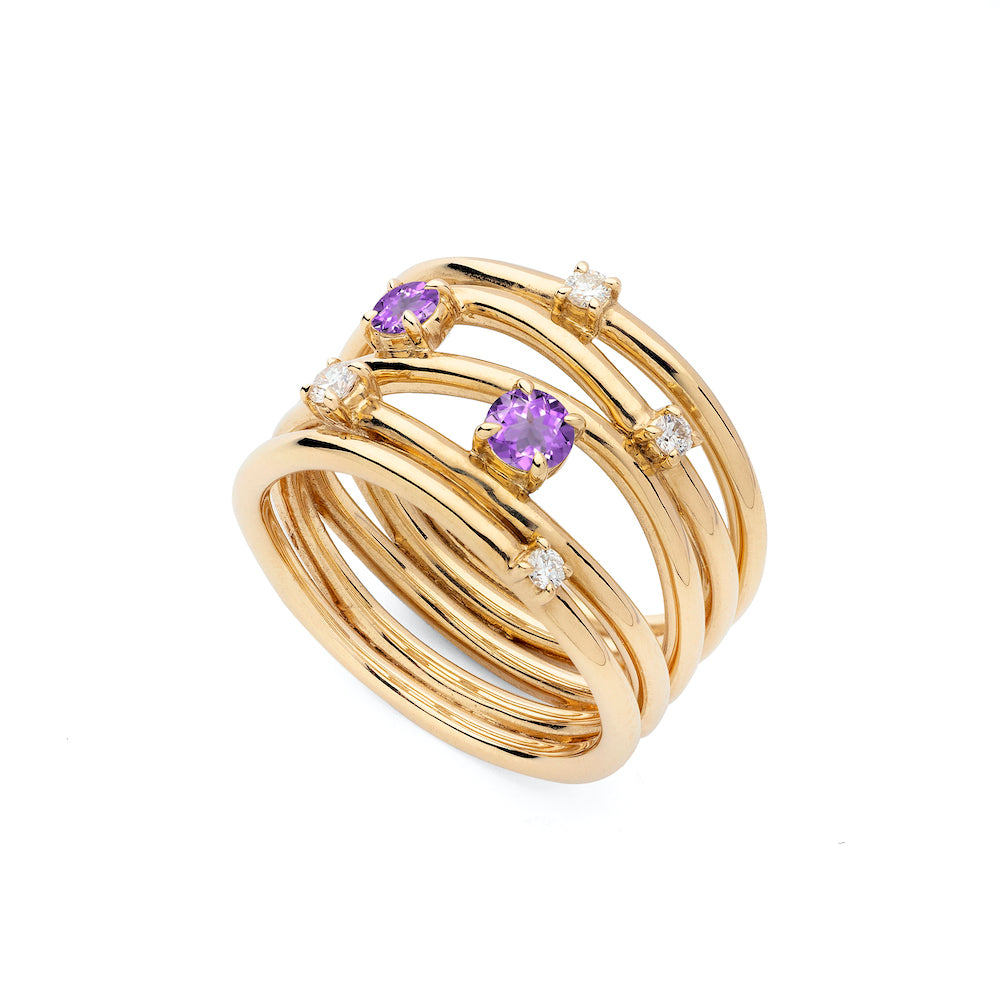 9ct Yellow Gold Wide Band Wire Ring With Scattered Amethyst and Diamond