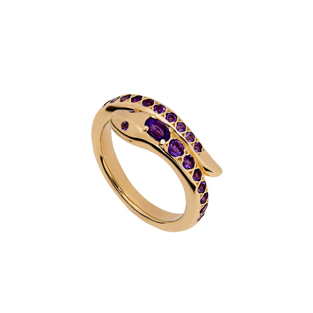 9ct Yellow Gold Snake Ring with Amethyst