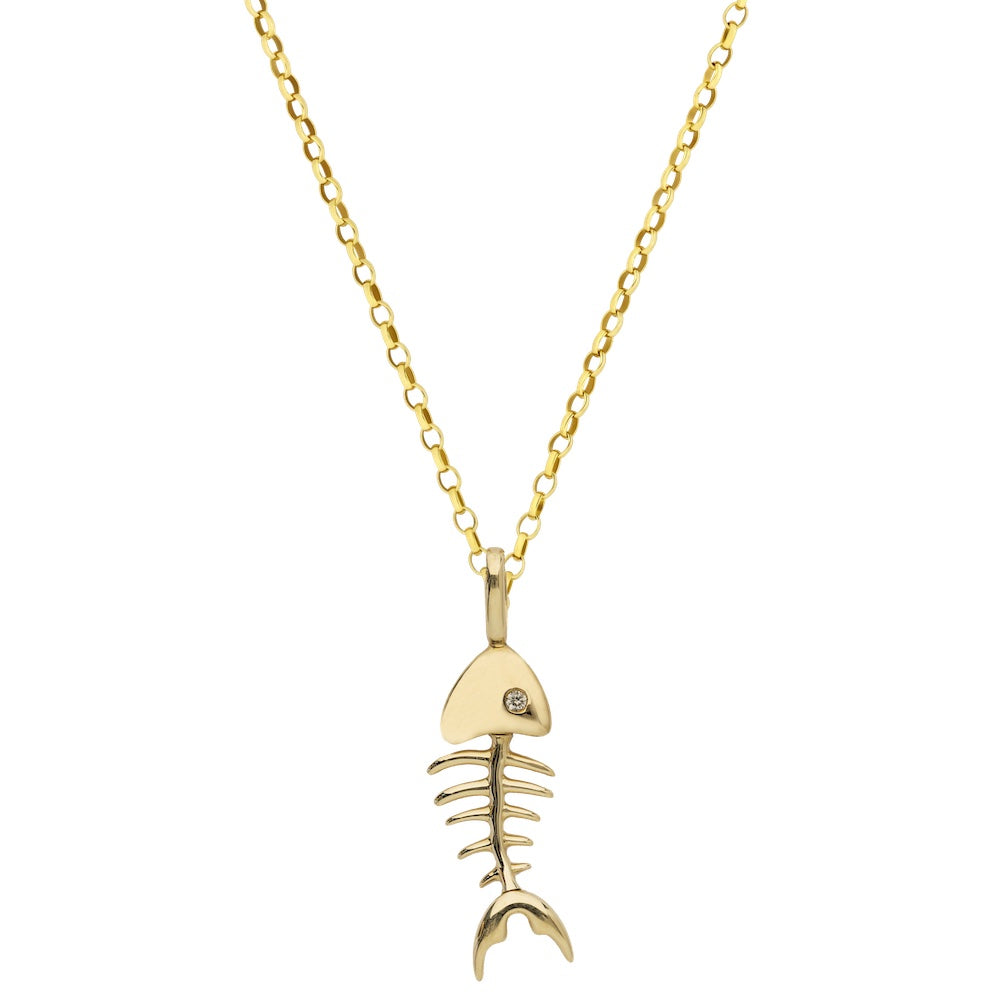 9ct Yellow Gold and Diamond Fishbone Necklace