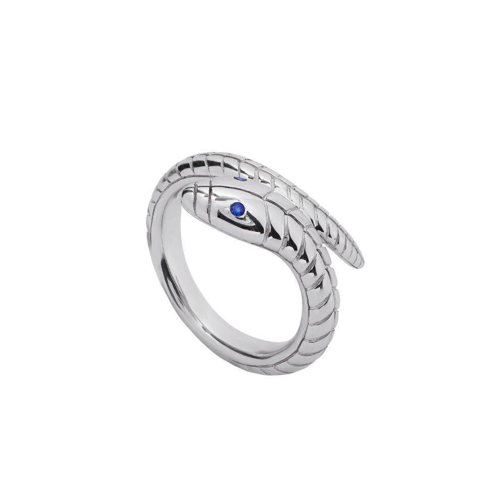 9ct White Gold Snake Ring Set with Sapphire Eyes