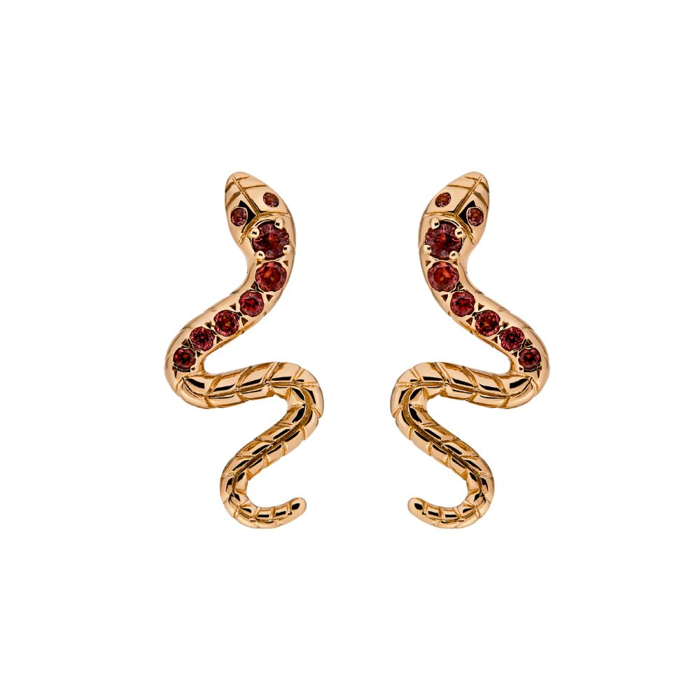 9ct Yellow Gold Snake Earrings Set with Red Spinel