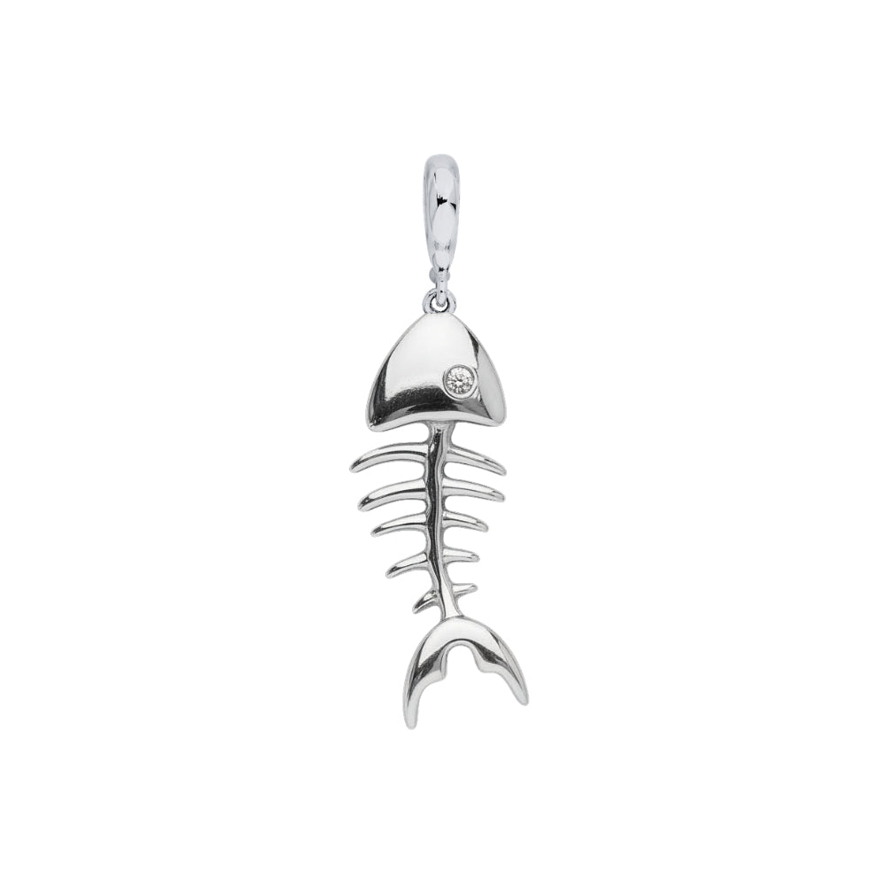Sterling Silver Fishbone Necklace with Diamond - Connector Loop