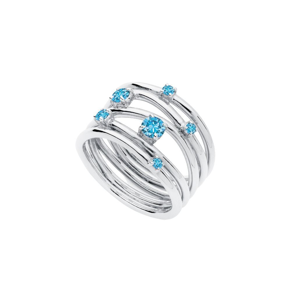 9ct White Gold Wide Band Wire Ring With Scattered Swiss Blue Topaz