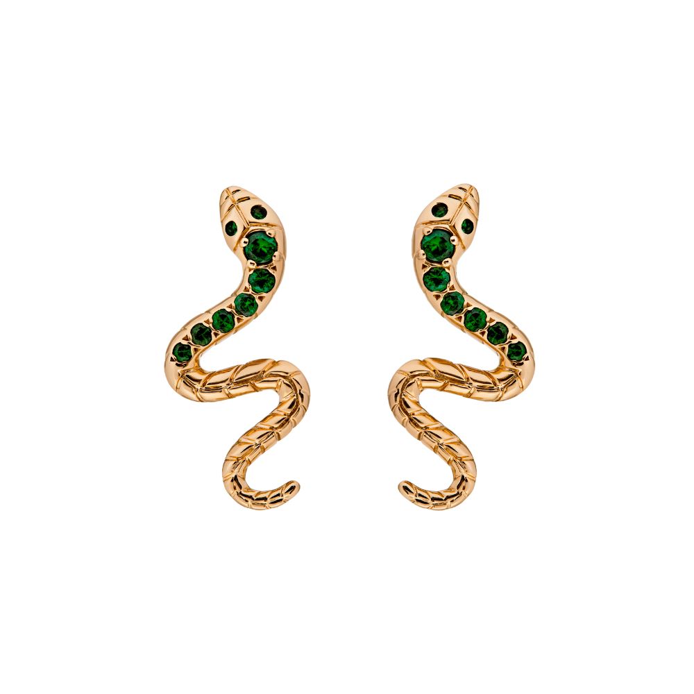 9ct Yellow Gold Snake Earrings Set with Tsavorite