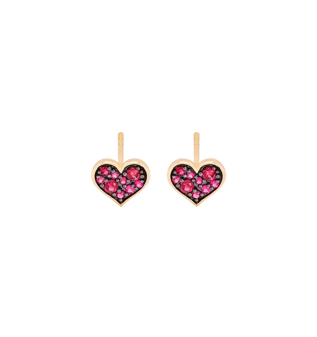 9ct Yellow Gold Heart Studs with Red Spinel and Black Rhodium Finish
