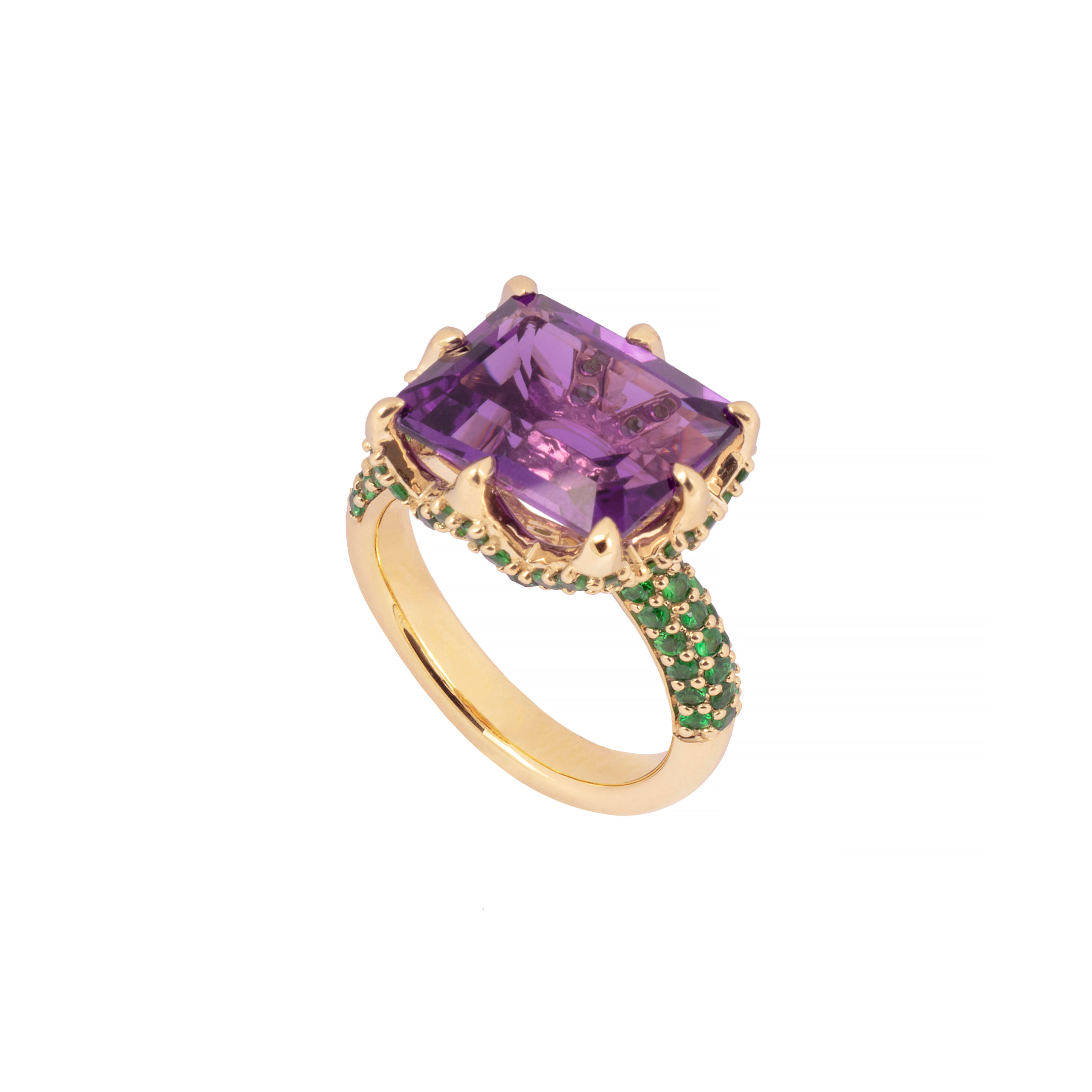 9ct Yellow Gold Claw-Set Amethyst and Pavé-Set Tsavorite Cocktail Ring
