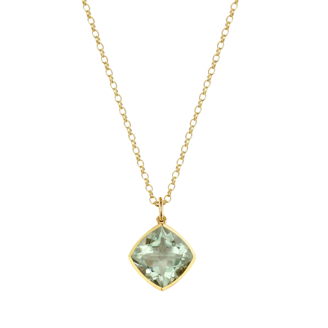 9ct Yellow Gold Rub-Over Set Cushion Green Quartz Pendant