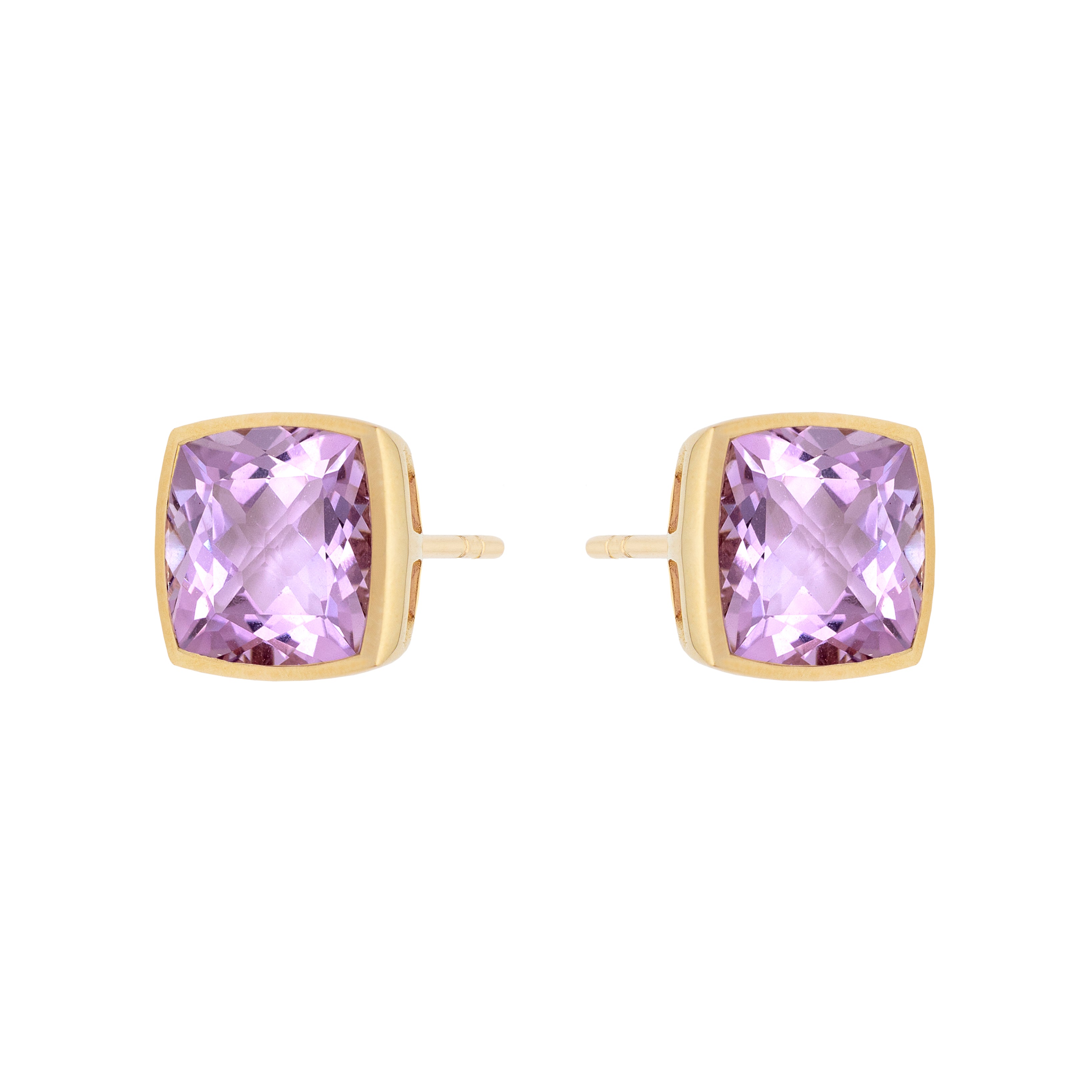 9ct Yellow Gold Rub-Over Set Cushion Pink Amethyst Earrings