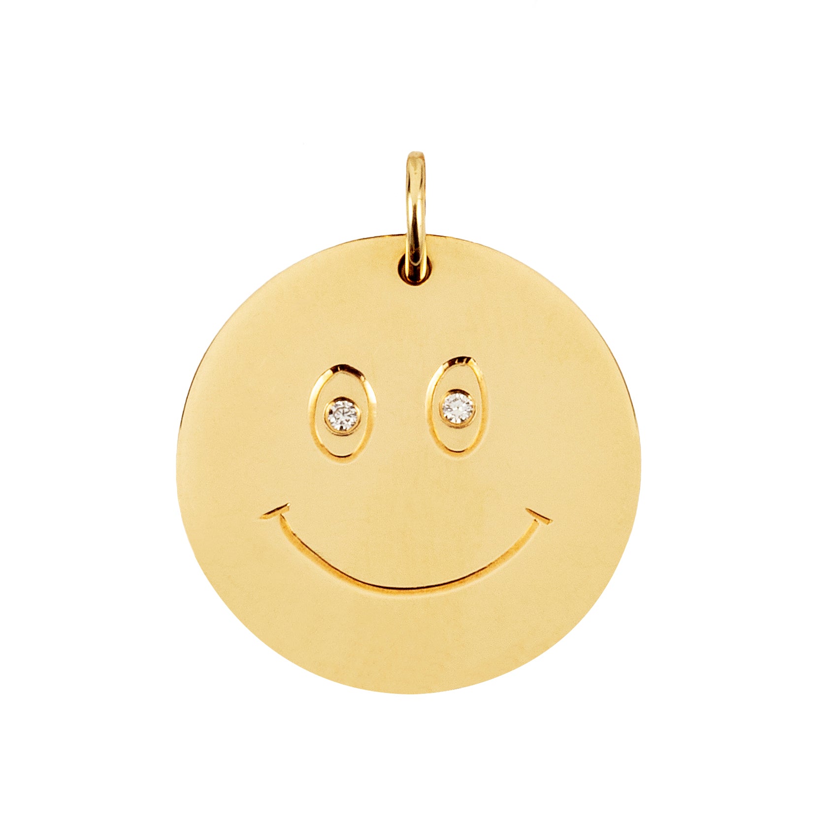 9ct Yellow Gold Disc Pendant with Engraved Smiley and Diamond Eyes