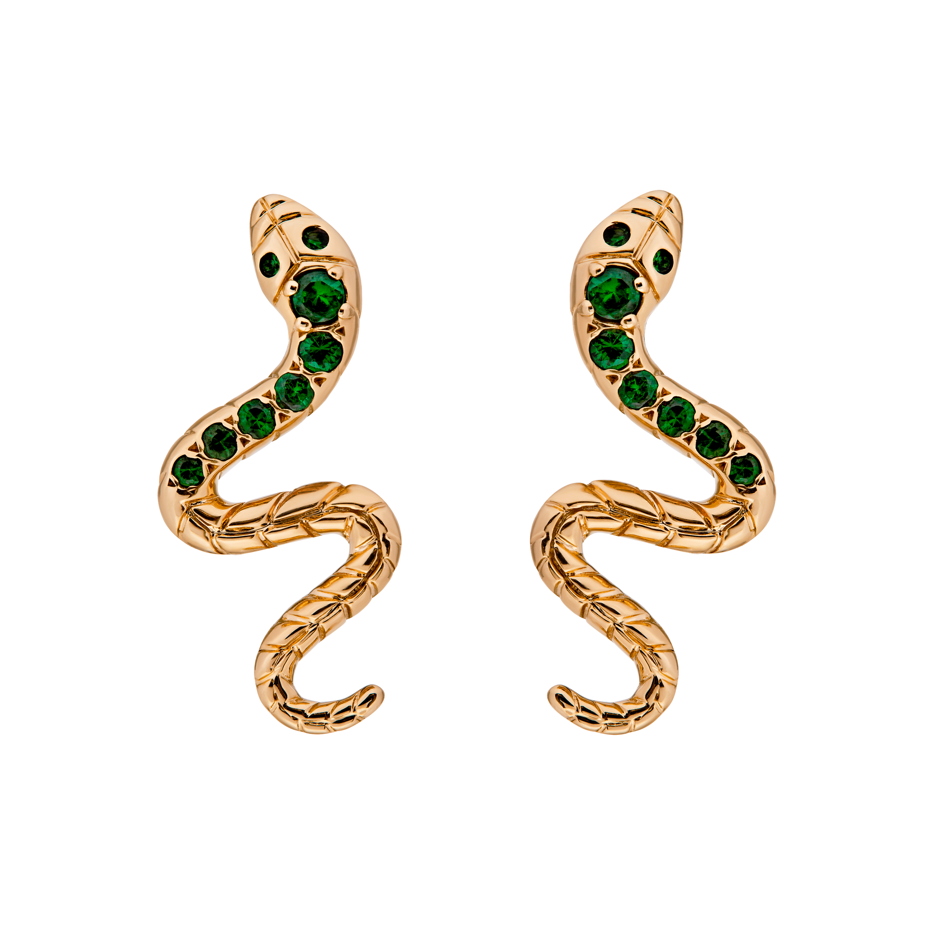 9ct Yellow Gold Snake Earrings Set with Tsavorite