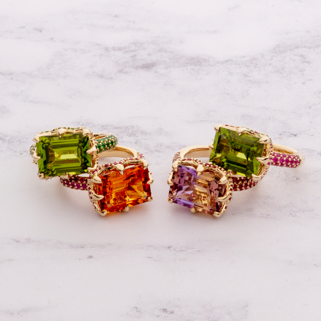 9ct Yellow Gold Claw-Set Peridot and Pavé-Set Ruby Cocktail Ring