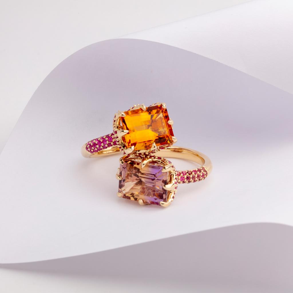 9ct Yellow Gold Claw-Set Madeira Citrine and Pavé-Set Ruby Cocktail Ring