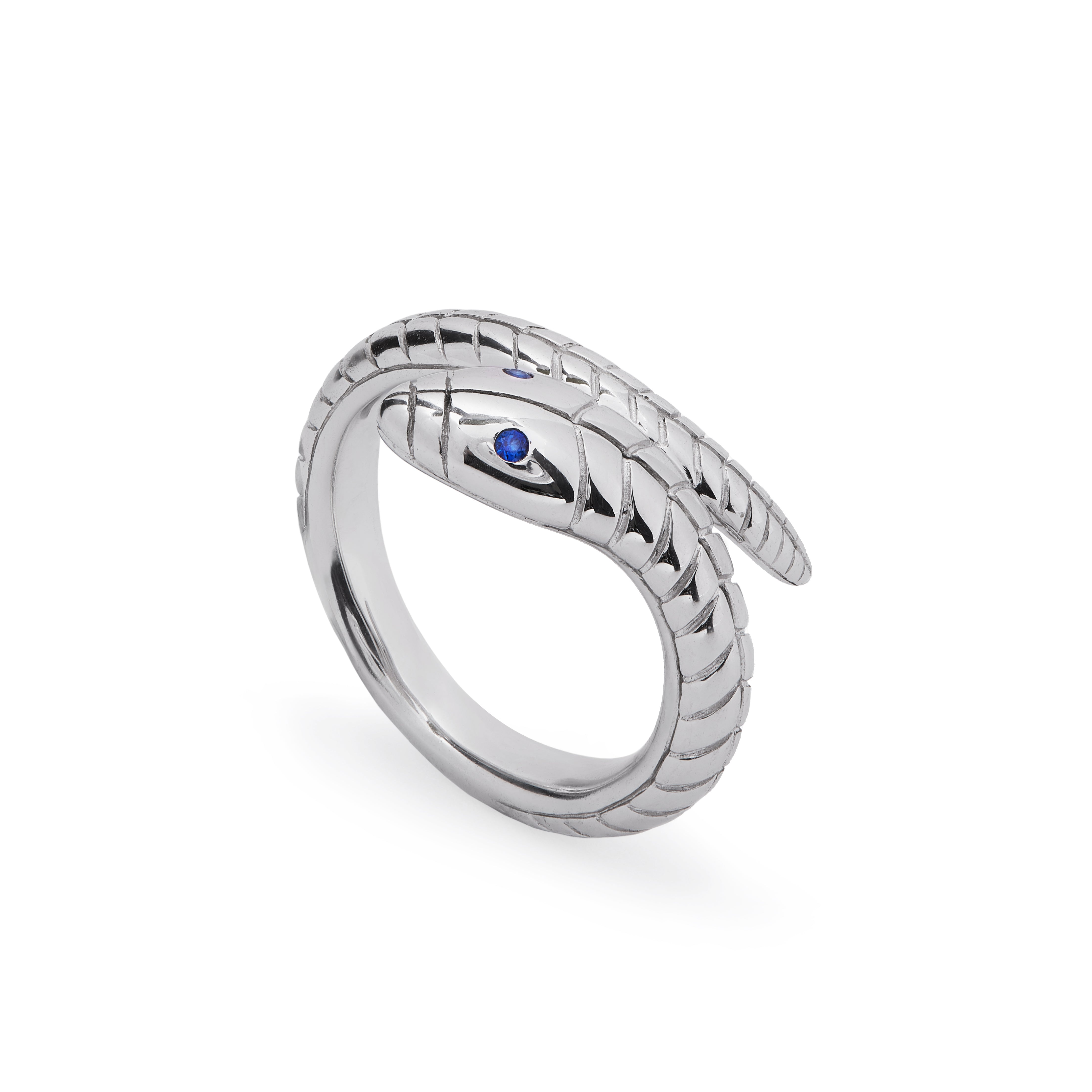 9ct White Gold Snake Ring Set with Sapphire Eyes