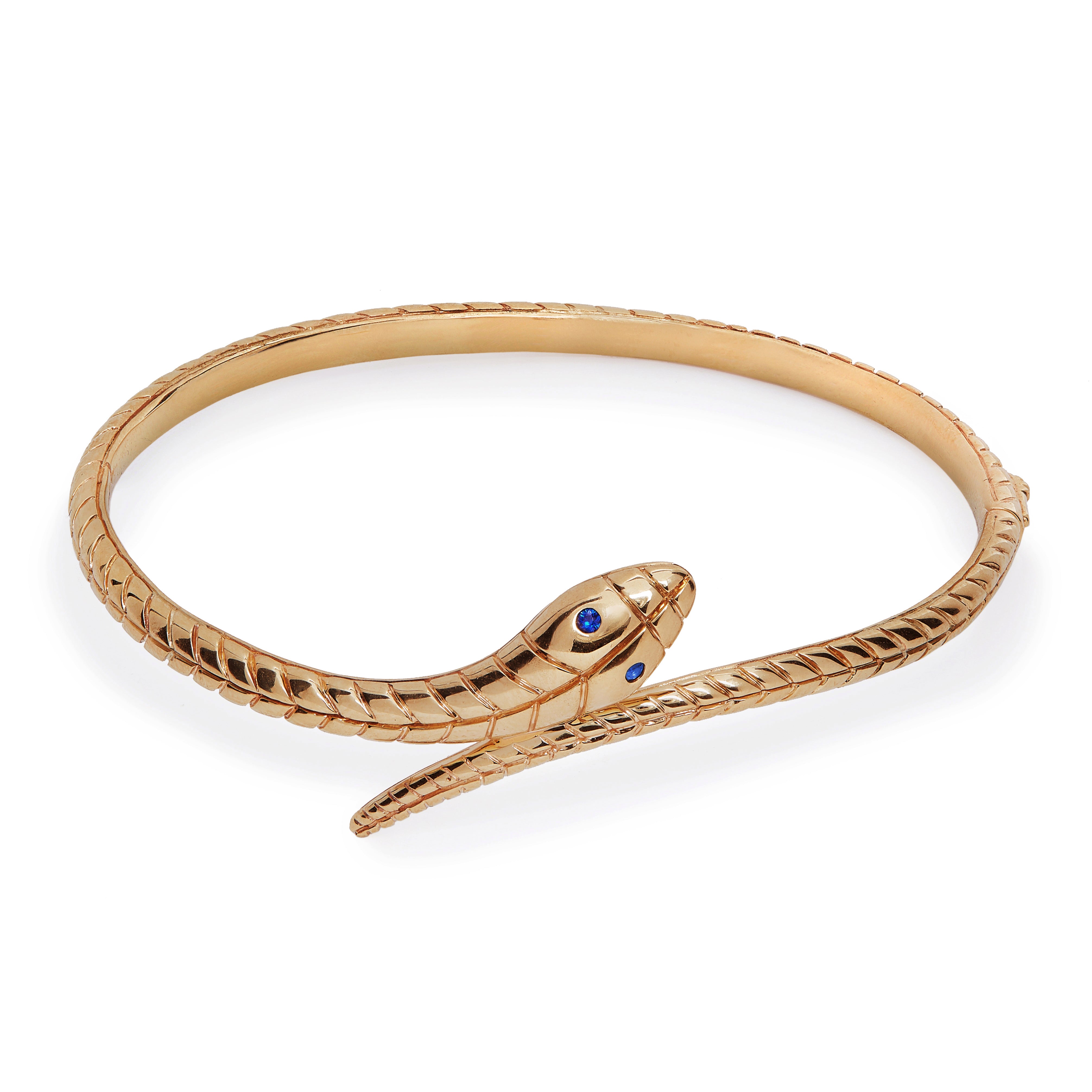 9ct Yellow Gold Snake Bangle Set with Sapphire Eyes