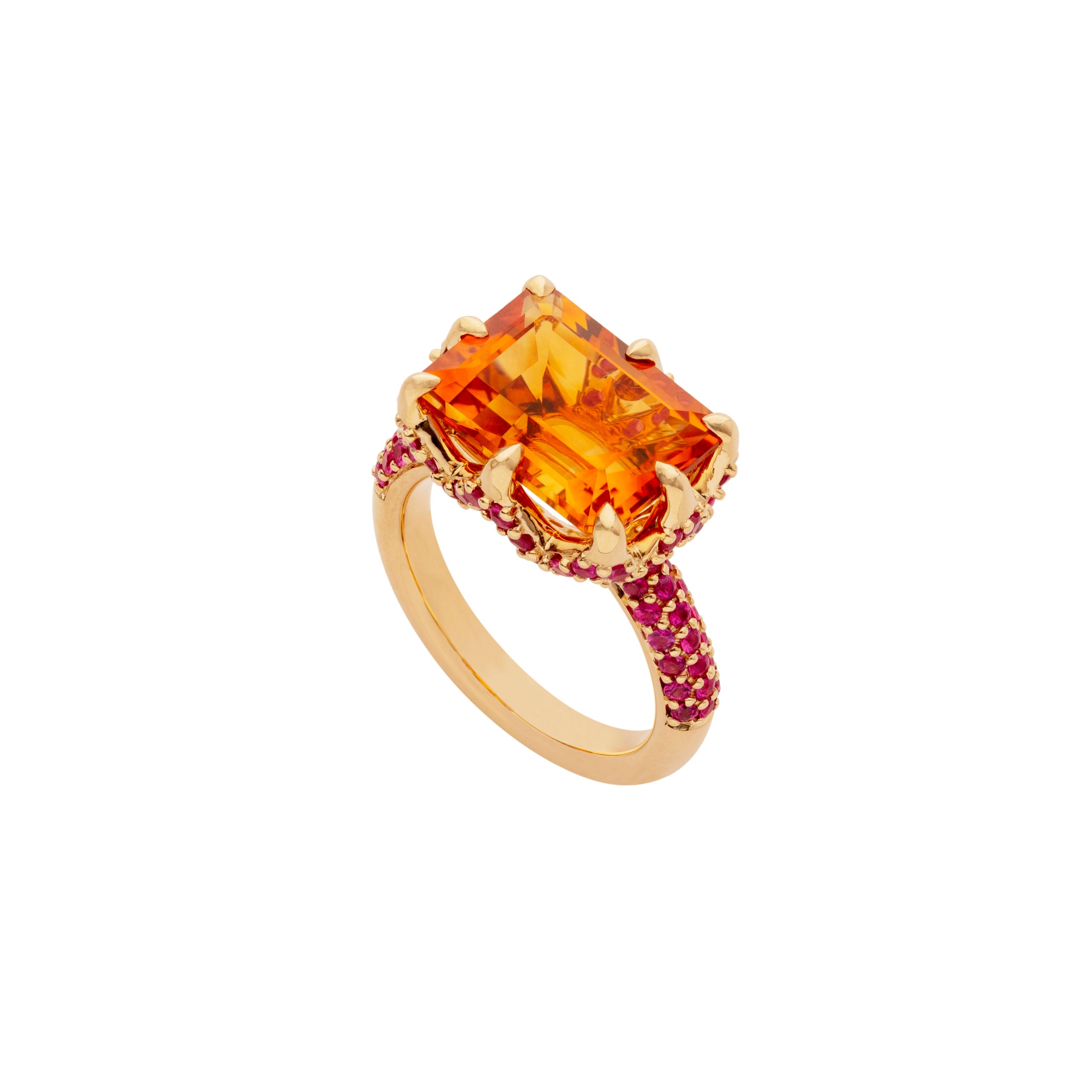 9ct Yellow Gold Claw-Set Madeira Citrine and Pavé-Set Ruby Cocktail Ring