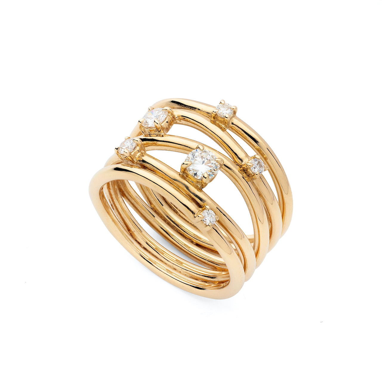 9ct Yellow Gold Wide Band Wire Ring With Scattered Diamonds